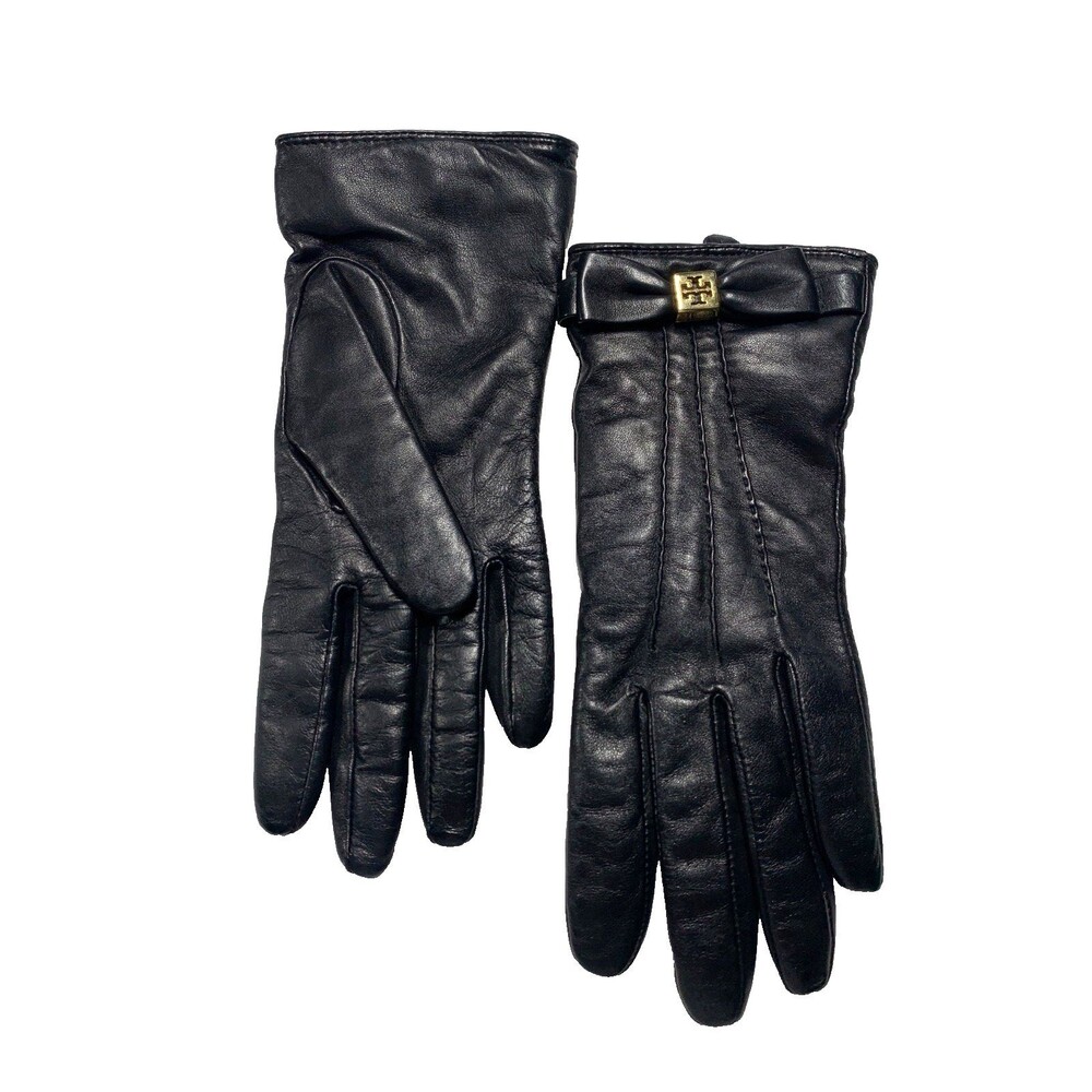 Tory Burch Black Leather Bow Gloves Cashmere Lined Size 7 Medium 32135068 - Picture 2 of 6